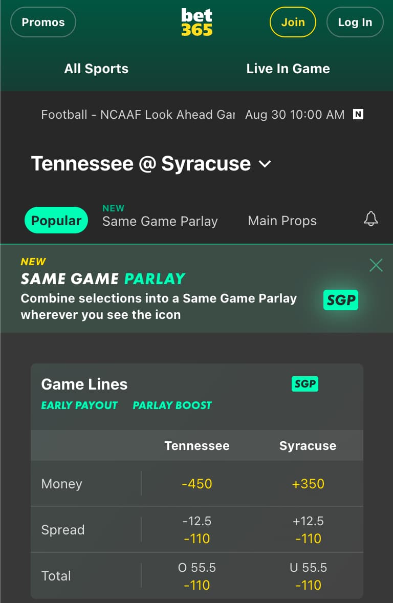 Tennessee Vols vs. Syracuse Orange bet365 odds for opening week of college football 2025-2026.